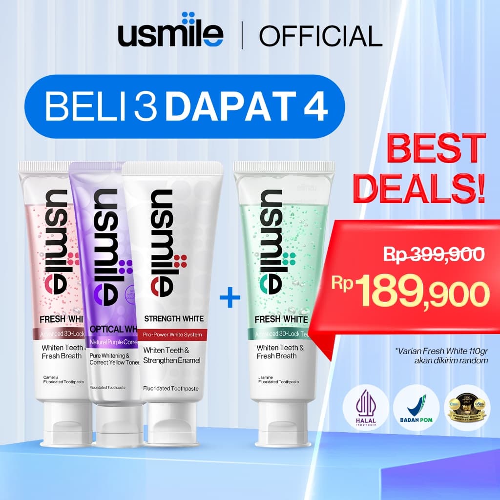 [Beli 3 Dapat 4] Usmile Pasta Gigi Strength White 90G + Optical White 100G + 2X Fresh White 110G (Random Variant) - Odol Pemutih & Perlindungan Enamel | Whitening Toothpaste | Mencerahkan Gigi | Anti Bakteri | Hilangkan Noda Membandel