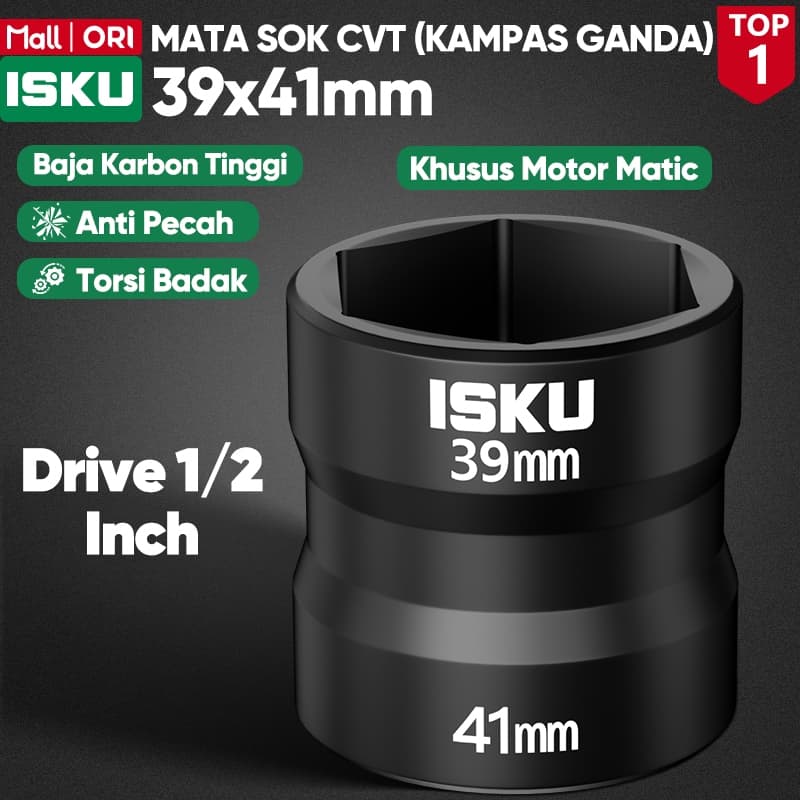 ISKU Mata Sok CVT 39x41mm Kunci Shock Hitam 1/2 Inch Buka Kampas Ganda Pulley Motor Matic Baja CR-V Tebal Anti Pecah