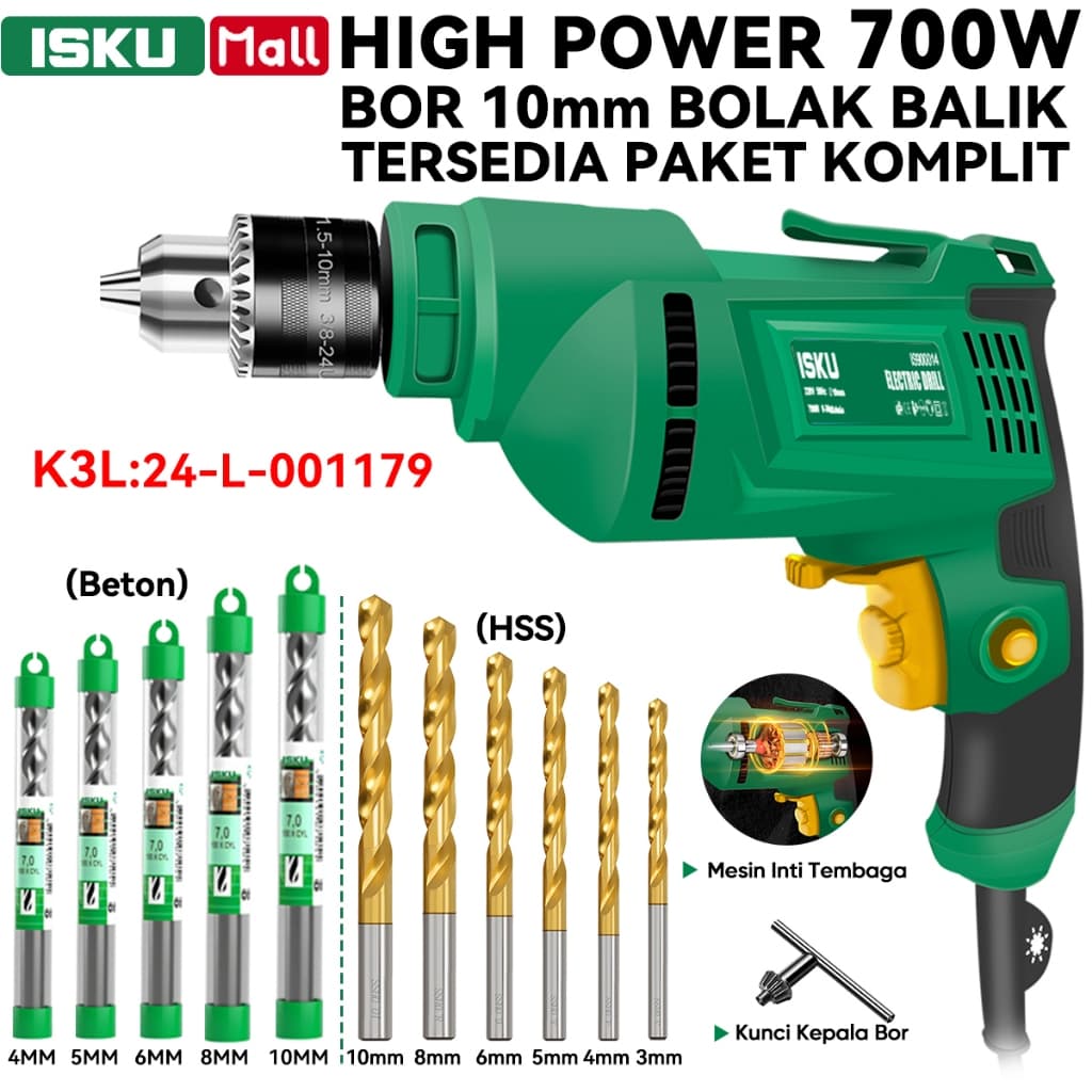 ISKU Mesin Bor Listrik 10mm 700W Variable Speed