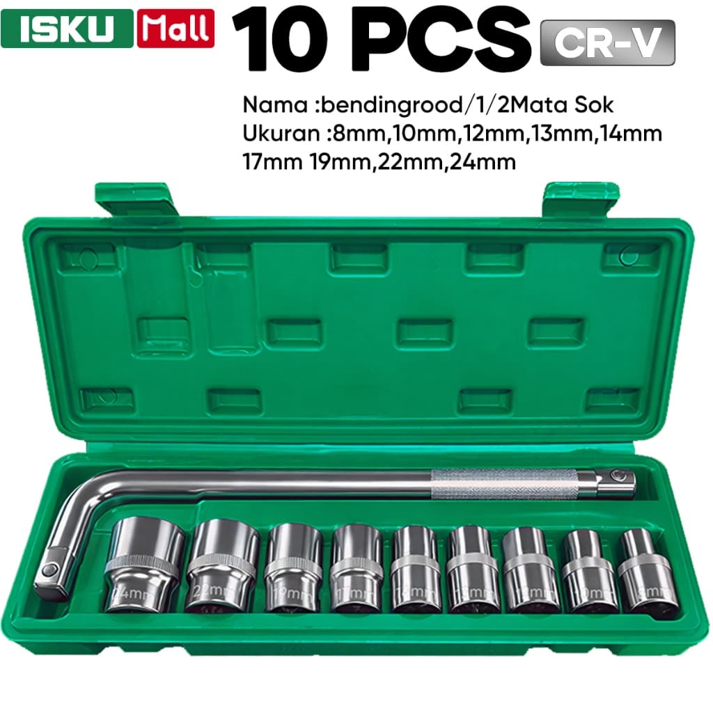 ISKU Kunci Sok Set 10 Pcs 1/2 Inch Gagang L Kunci Shock Socket Wrench Baja CR-V Tahan Banting Anti Slip
