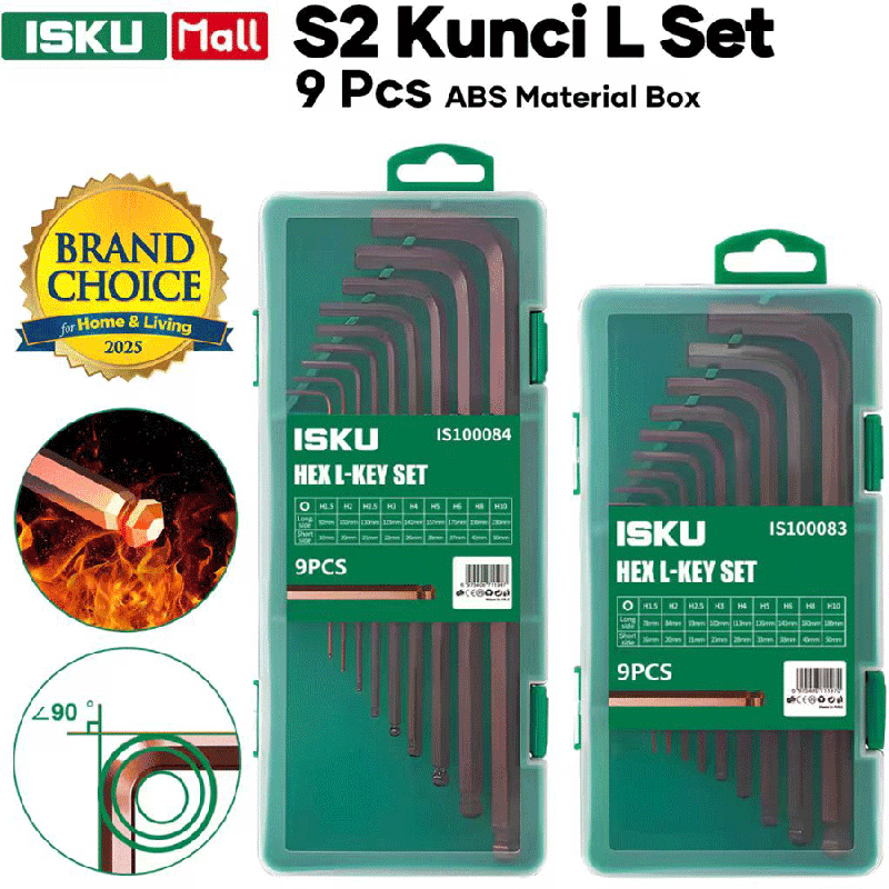 ISKU Kunci L Set 9 Pcs S2 Steel Extra Long Anti Slek