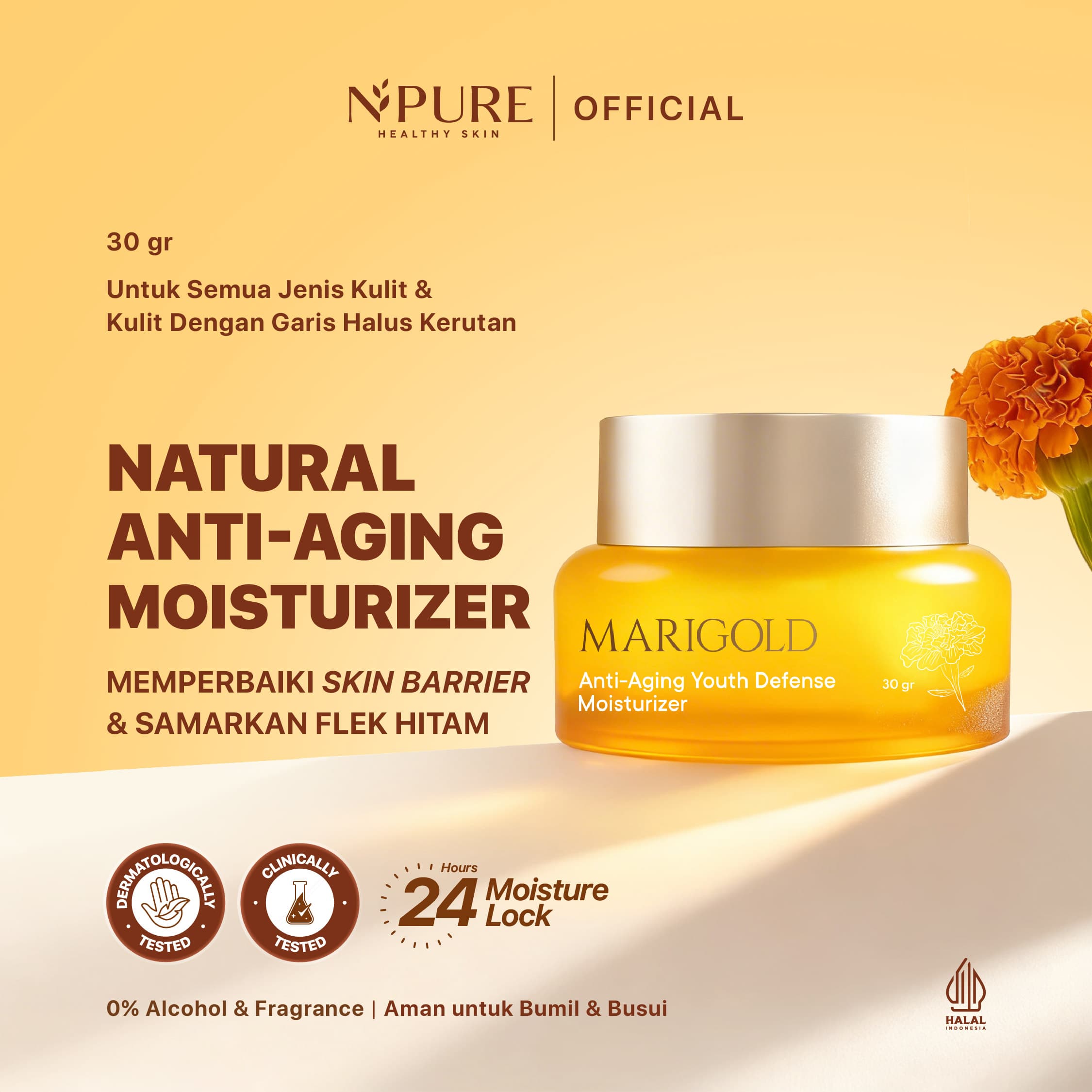 NPURE Anti-Aging Moisturizer Marigold 30 gr / Aging Cream / Kerutan / Garis Halus / Flek Hitam