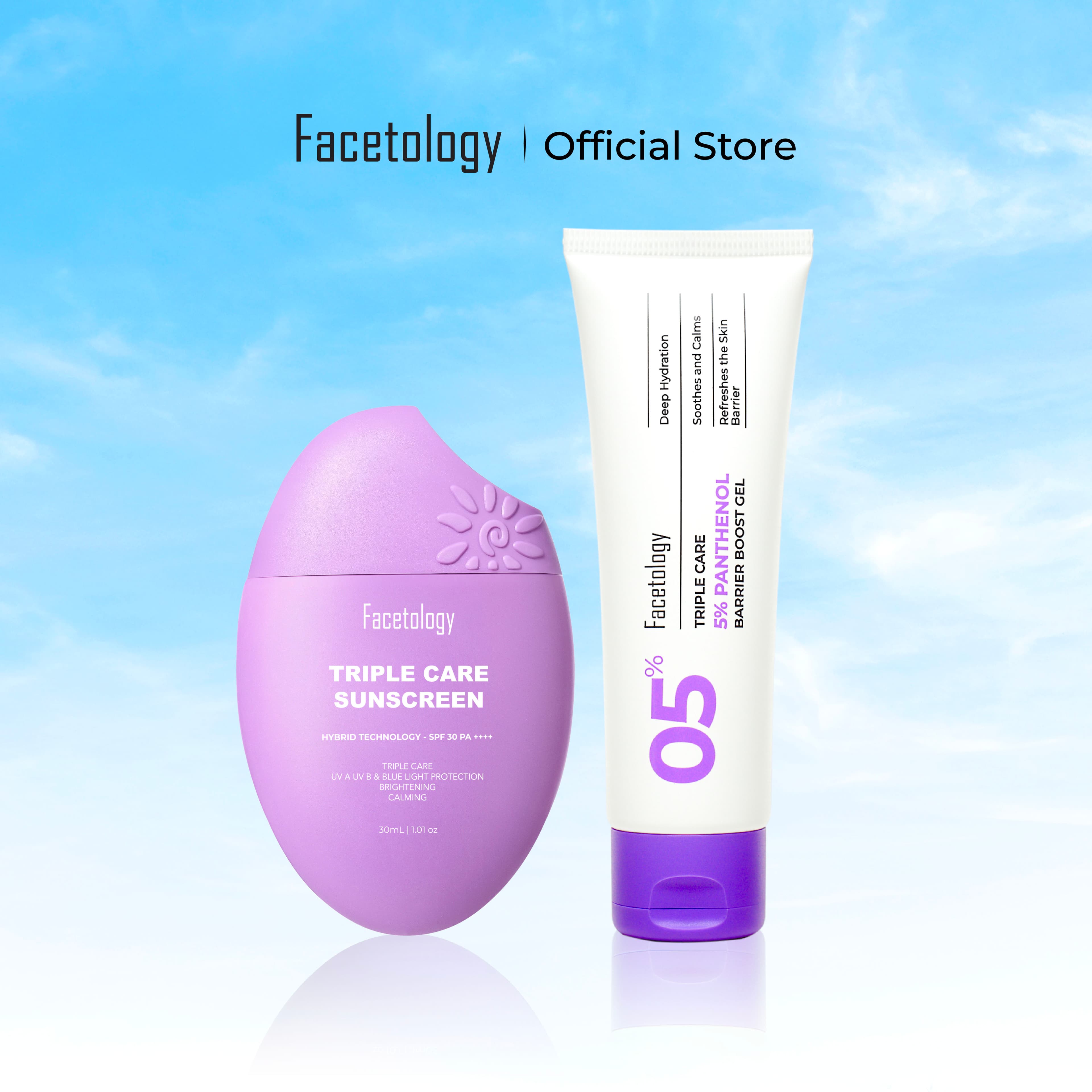 Facetology Bundling Triple Care Sunscreen SPF 30 PA++++ 30ML & Facetology Panthenol Barrier Boost Moisturizer 30ML Paket Perawatan Wajah
