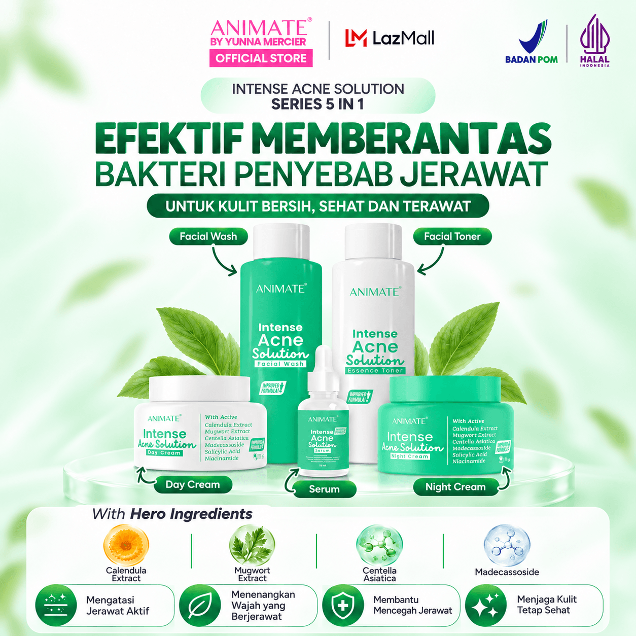 Animate Intense Acne Solution Series 5in1 | Paket Skincare Wajah Untuk Kulit Berjerawat | Skincare Muka Jerawat | BPOM